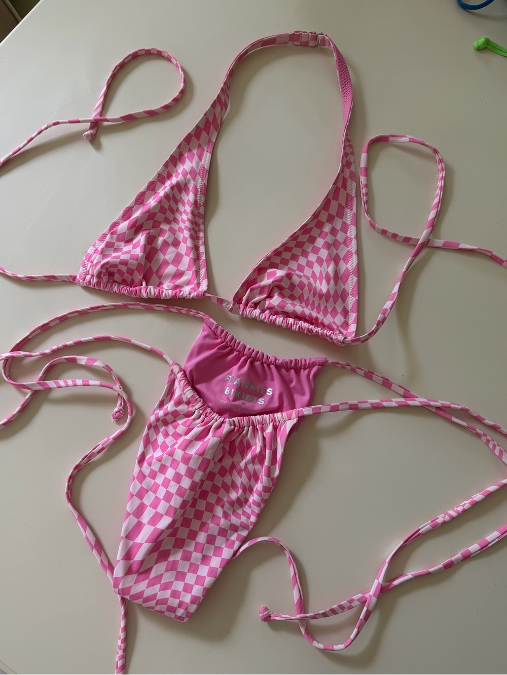 Frankie's Bikinis Pink Checkerboard Triangle String Bikini (M/L)